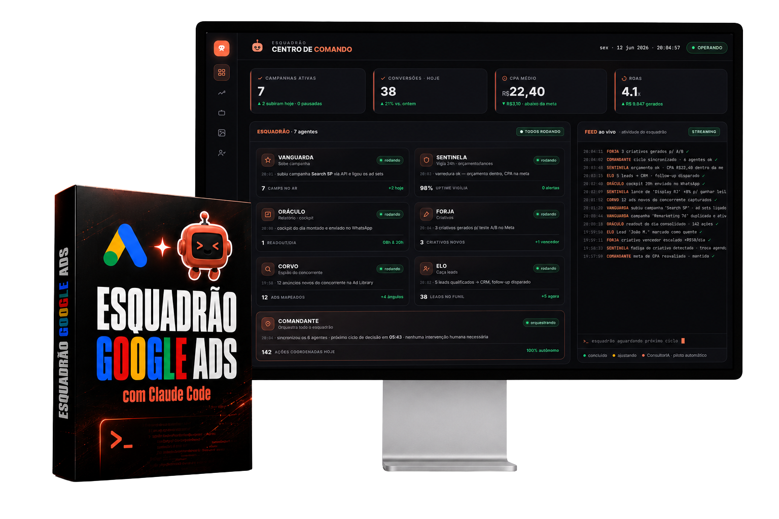 Esquadrão Google Ads rodando — box do produto e painel com os números da campanha